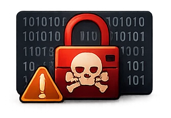 Rotes Vorhängeschloss mit Totenkopf vor Binärcode, Symbol für Malware-Schutz