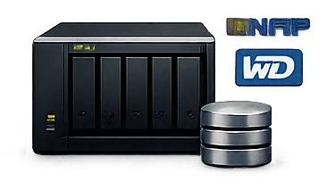 Synology NAS mit WD-Festplatten, QNAP- und WD-Logo, Datenspeicher-Icon