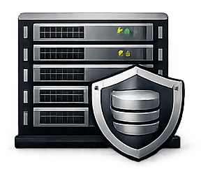 Server-Rack mit Schutzschild-Symbol, IT-Sicherheit und Datenschutz Konzept